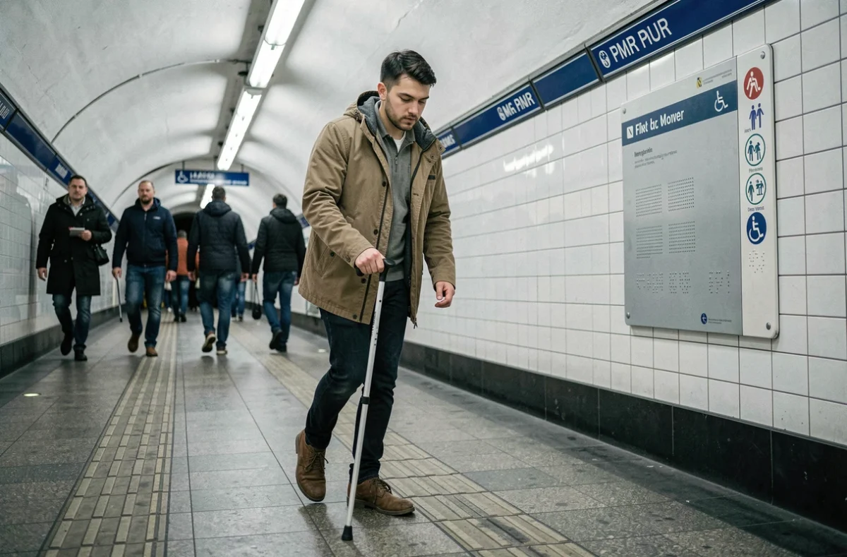 Jeune homme malvoyant utilisant une canne blanche sur les bandes podotactiles d'une station de la ligne 4 à Paris