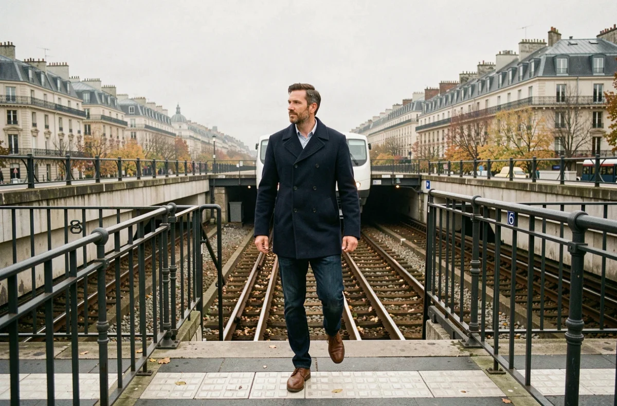 Homme descendant d'une rame de métro sur la section aérienne de la ligne 6 à Paris avec vue sur les toits haussmanniens