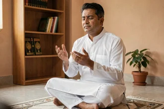 Homme musulman en prière d'istikhara, assis sur un tapis de prière dans une salle de prière modeste, mains levées en supplication