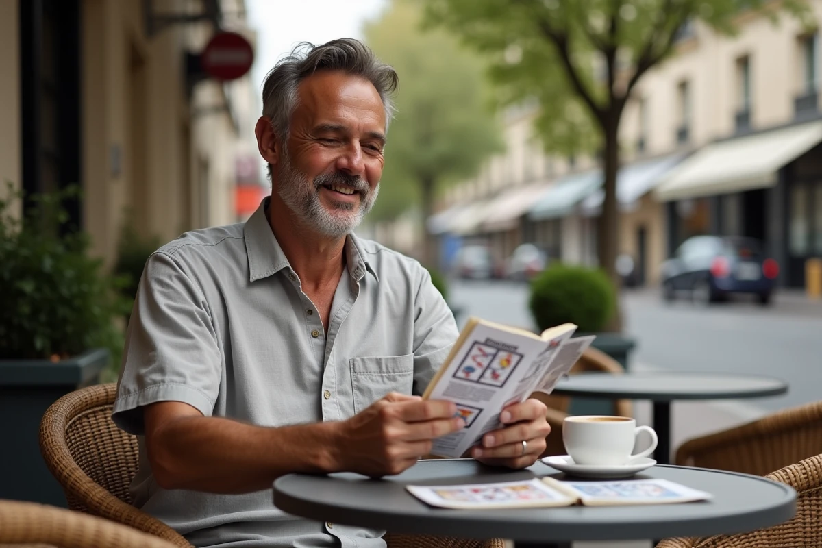 Homme consultant le guide de solution d'un jeu Rooms and Exit en terrasse de café parisien