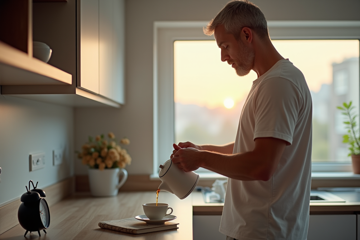Homme versant une tisane dans la cuisine au matin