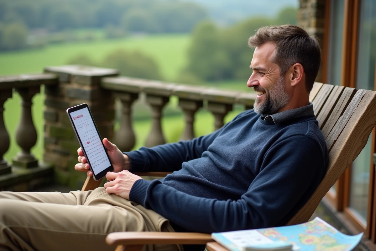 Homme consultant son calendrier numérique sur une terrasse rurale pour organiser ses congés et ponts de mai 2026