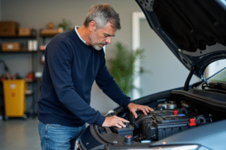 Homme vérifiant une batterie de voiture dans un garage organisé