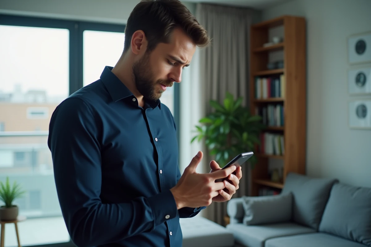 Homme vérifiant ses appels manqués sur smartphone pour savoir si son numéro est bloqué