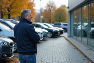 Homme d'âge moyen examine des voitures neuves à la concession