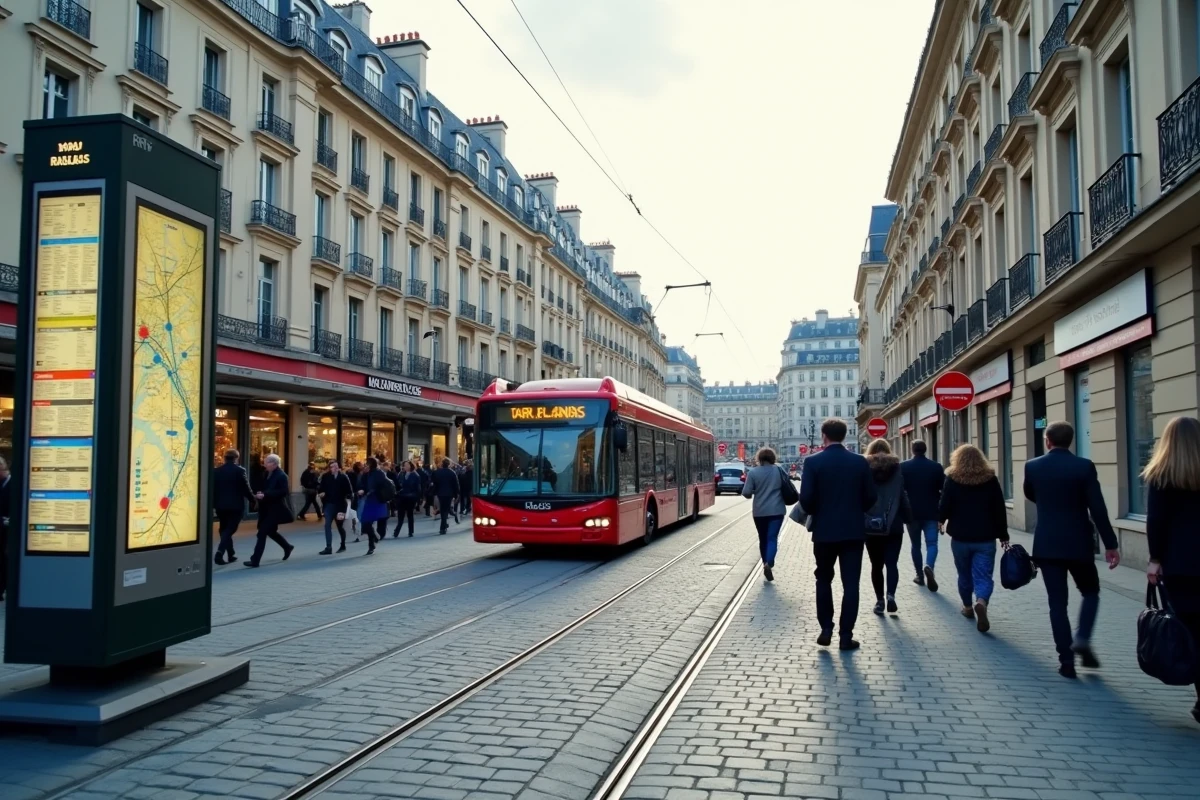 Vue large d'un hub de transport parisien avec bus RATP, tramway et panneau de correspondances RER