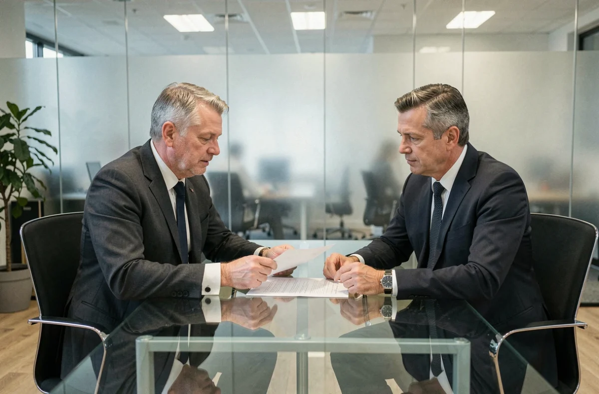 Huissier de justice et notaire en réunion professionnelle autour de documents officiels, comparaison des professions juridiques utilisant le titre Maître