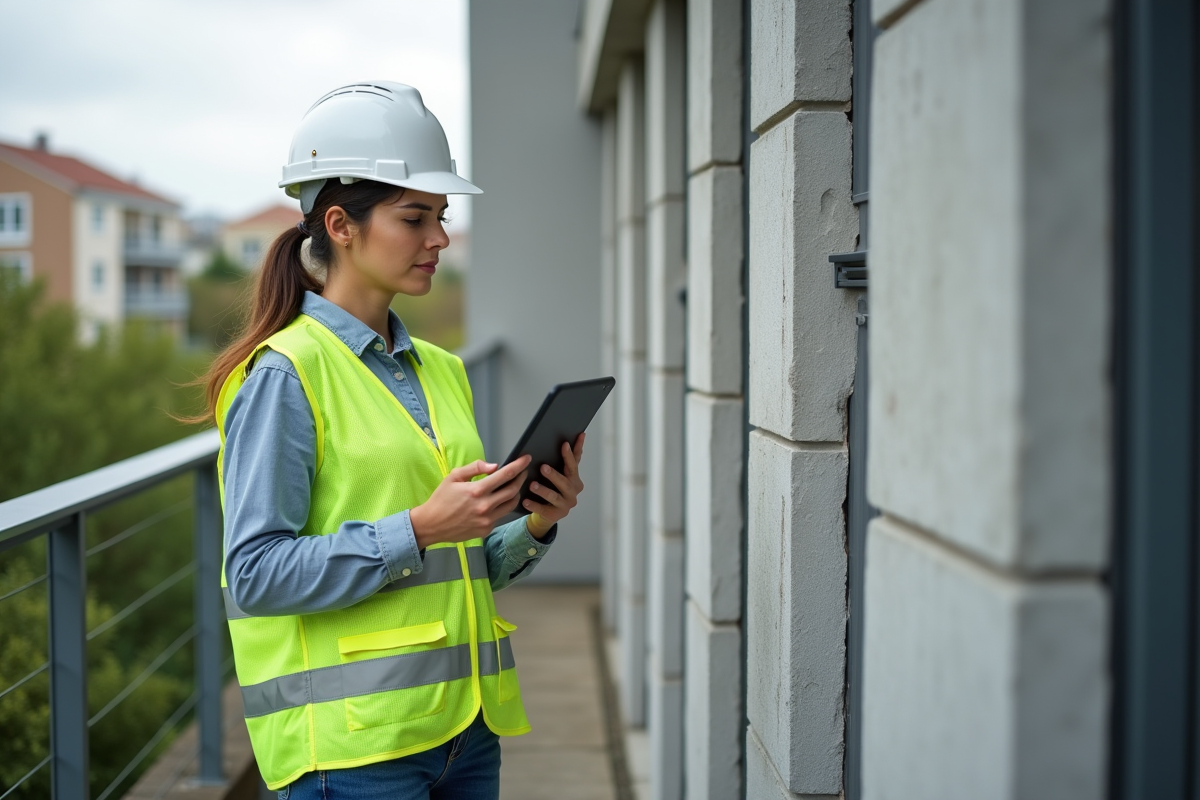 Inspectrice bâtiment examinant isolation extérieure d
