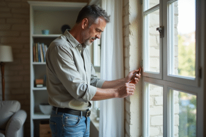 Homme isolant une fenêtre dans un salon moderne