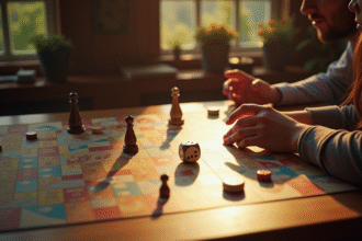 Jeu de la oie vintage sur une table en bois avec mains d'adulte et d'enfant
