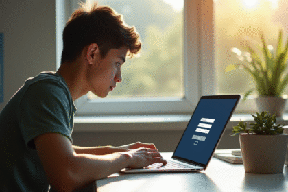 Jeune adulte travaillant sur un ordinateur portable en journée