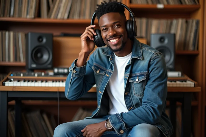 Jeune chanteur noir en studio parisien avec casque et denim