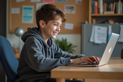 Jeune garçon en hoodie utilisant un ordinateur à la maison
