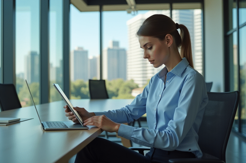 Jeune femme professionnelle examinant une tablette dans un bureau moderne