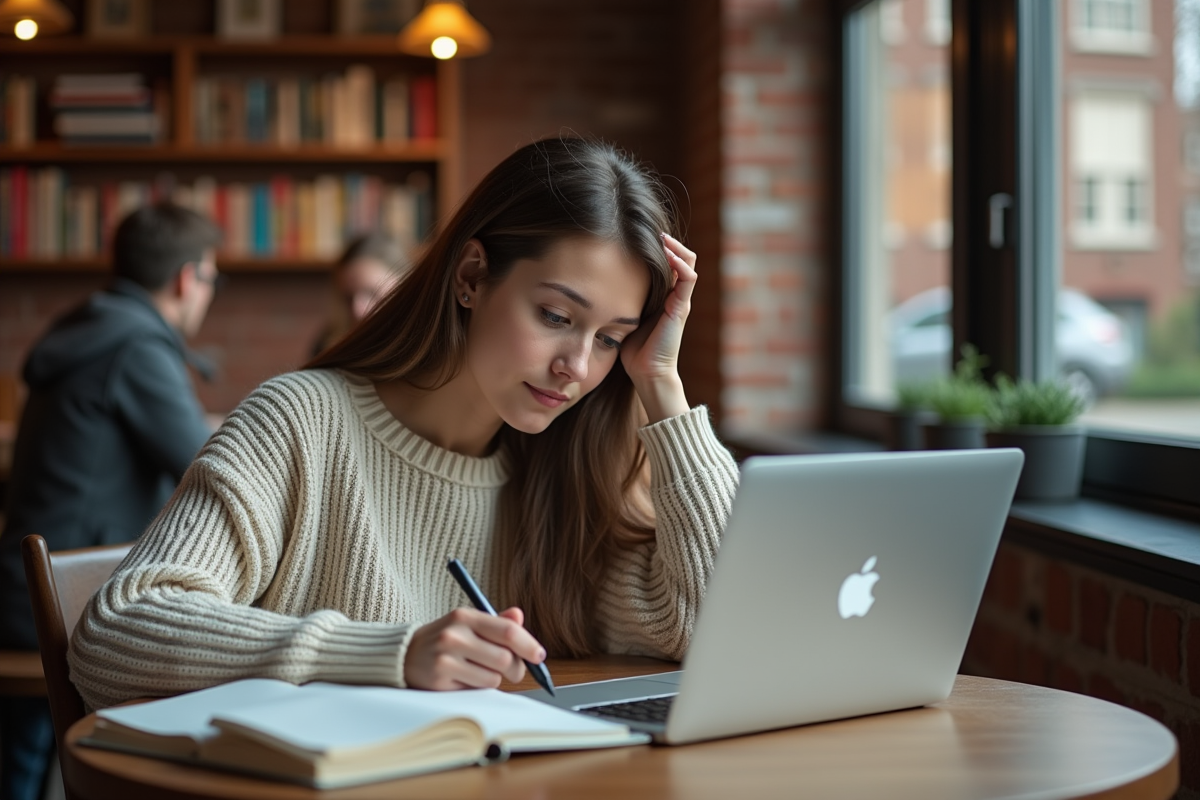 Jeune femme étudiante prenant des notes dans un café