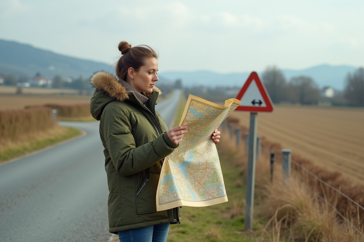 Jeune femme étudie carte dans un village rural en France