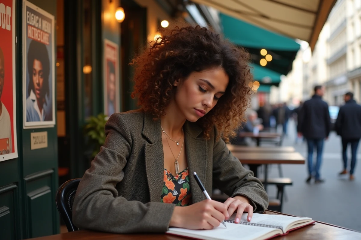 Jeune chanteuse française étudie paroles dans un café parisien
