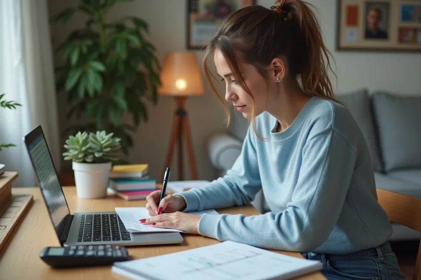 Jeune femme concentrée à écrire des notes de conversion