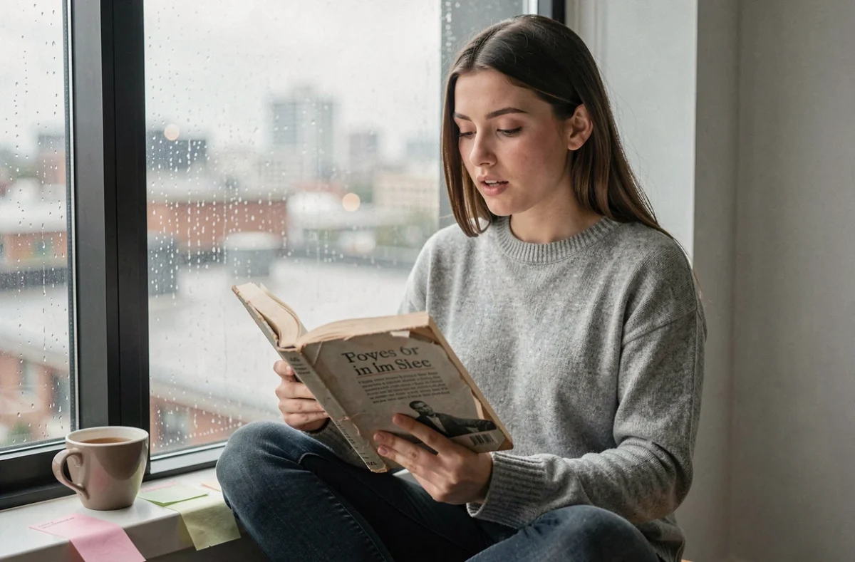 Jeune femme lisant un recueil de poésie avec des rimes rares en U près d'une fenêtre pluvieuse dans un appartement moderne