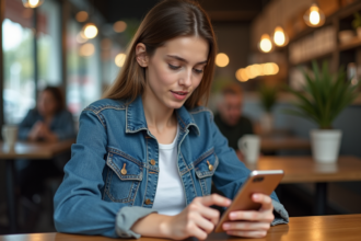 Jeune femme explorant un smartphone pliable dans un café