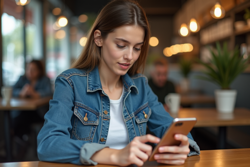 Jeune femme explorant un smartphone pliable dans un café