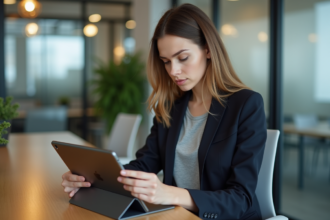 Jeune femme professionnelle compare deux tablettes modernes