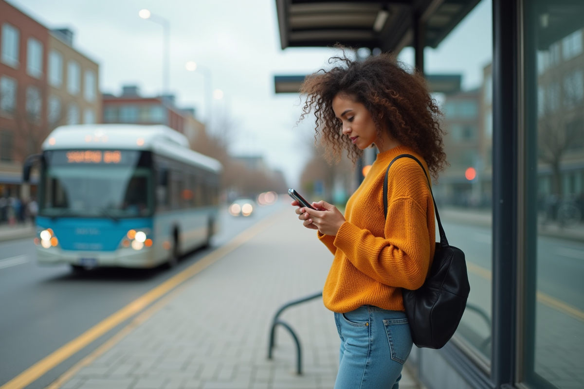 Jeune femme avec cheveux bouclés regarde son smartphone