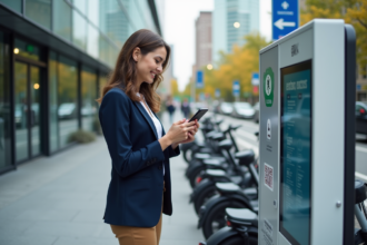 Jeune femme urbaine scanne un QR code dans la ville