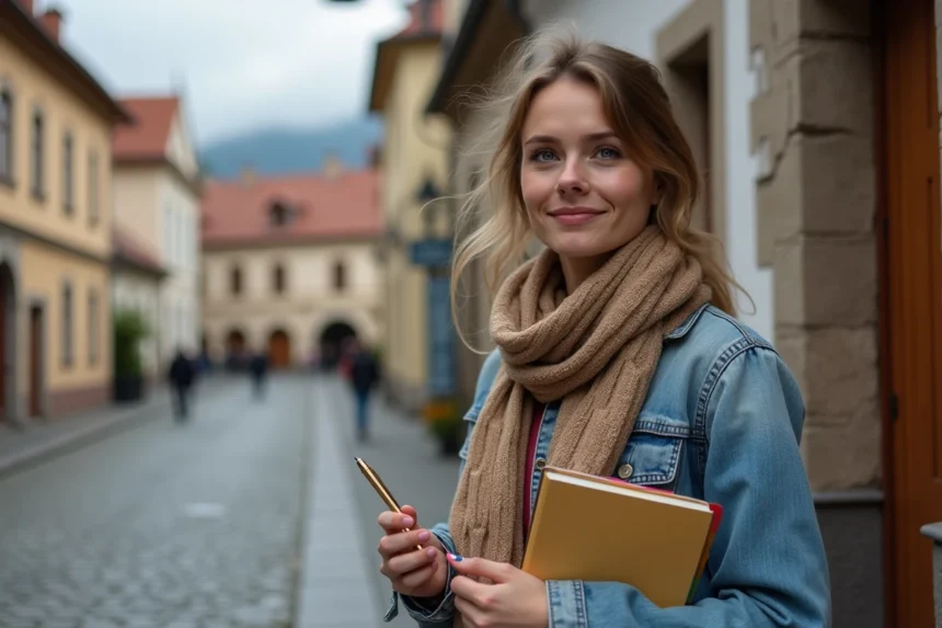 Jeune femme en voyage dans une ville serbe avec carnet