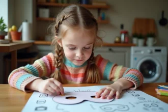 Jeune fille coupe un masque de carnaval en papier dans la cuisine