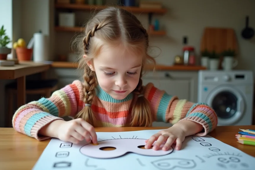 Jeune fille coupe un masque de carnaval en papier dans la cuisine
