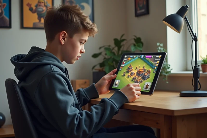 Jeune garçon concentré jouant Clash of Clans sur tablette