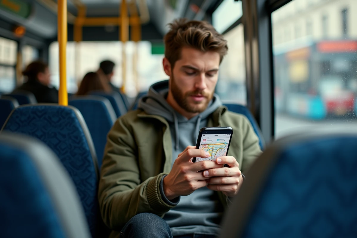 Jeune homme consultant une application de carte des bus et métro parisiens dans un bus RATP