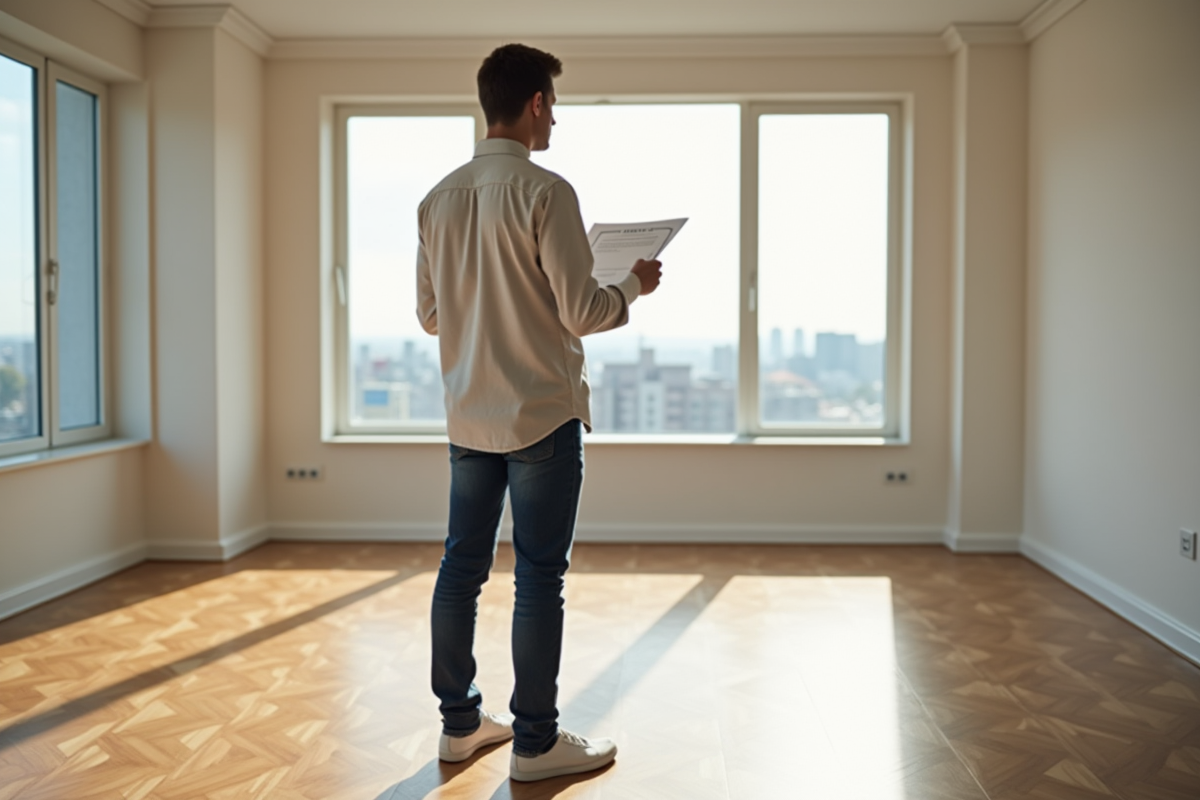 Jeune homme contemplant un appartement vide et lumineux