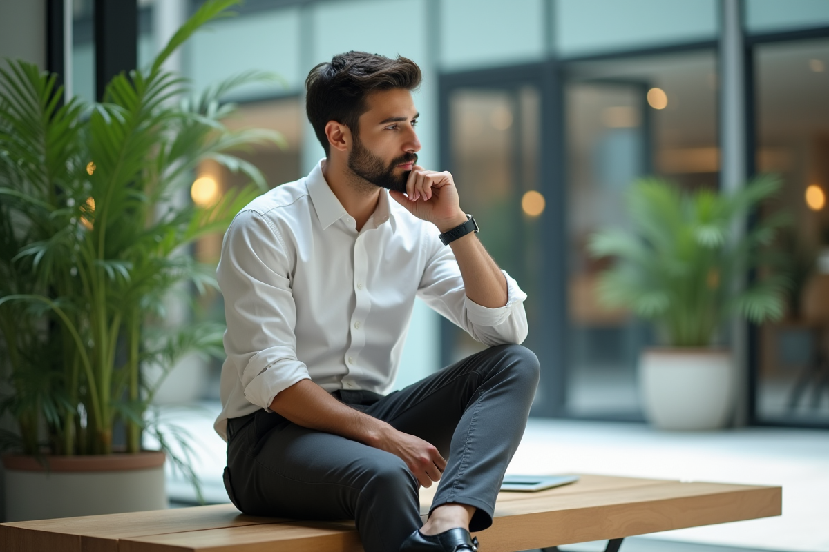 Jeune homme en intérieur avec décor moderne et verdure
