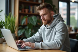 Jeune homme en hoodie travaillant sur son ordinateur à la maison
