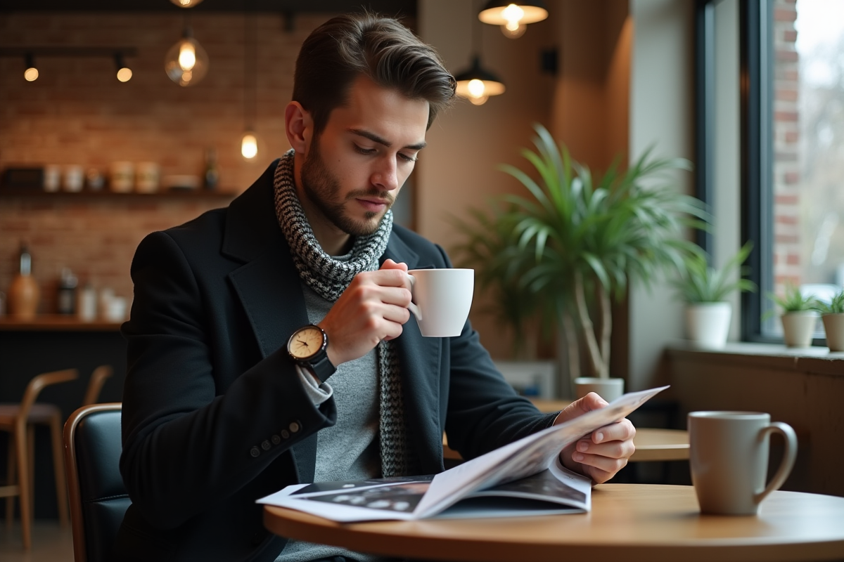 Jeune homme lisant dans un café cosy