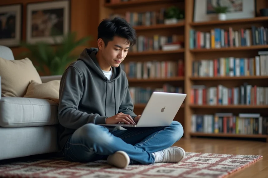 Jeune homme lisant manga sur son ordinateur dans un salon moderne