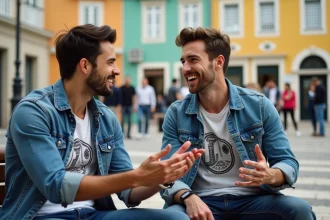 Jeune homme portugais en ville lisboète en pleine conversation