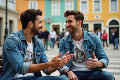 Jeune homme portugais en ville lisboète en pleine conversation