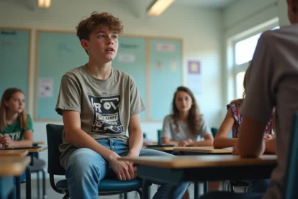 Jeune garçon en streetwear discutant en classe