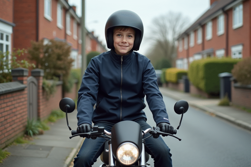 Jeune garçon en moto sur une rue de banlieue