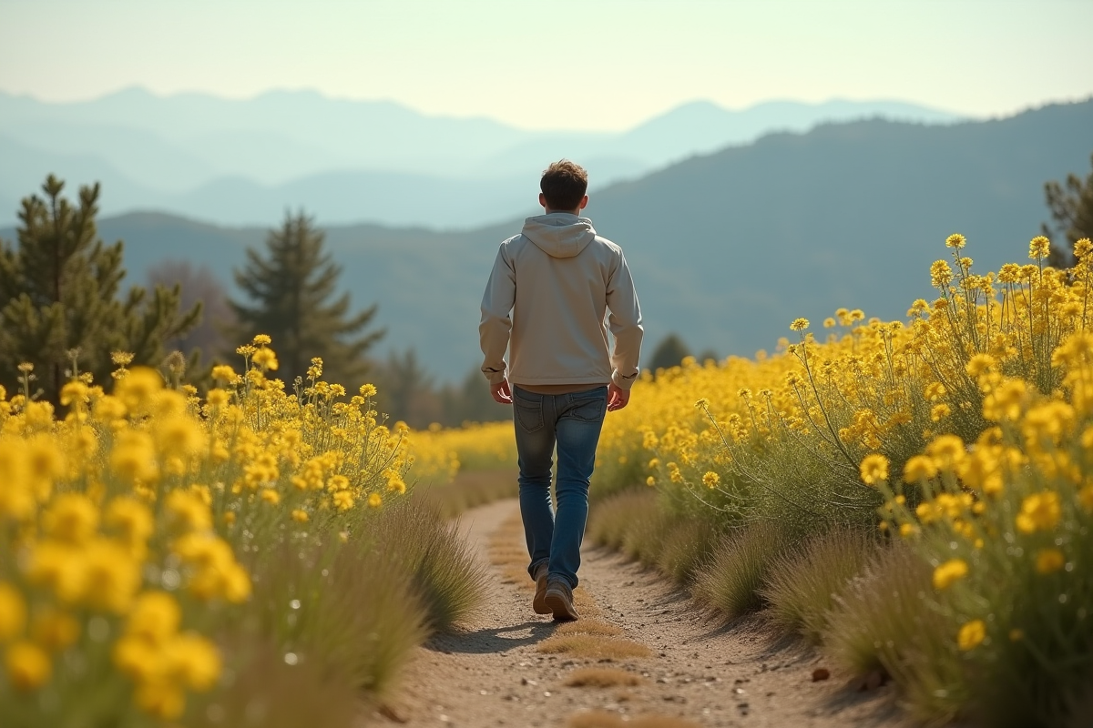 Jeune homme marche sur un sentier rural avec fleurs sauvages