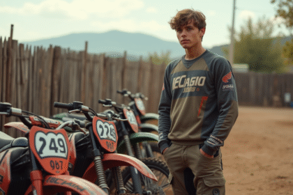 Jeune homme en motocross devant motos d'occasion