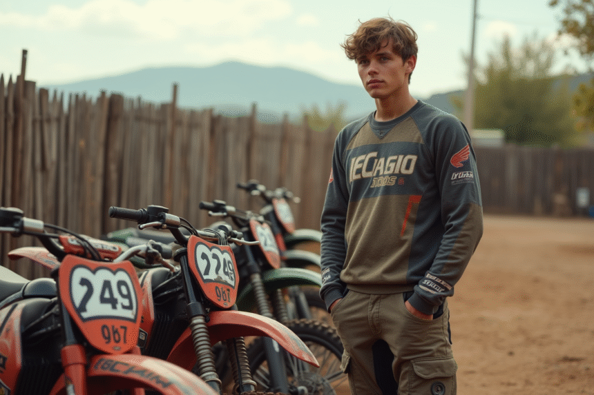 Jeune homme en motocross devant motos d'occasion