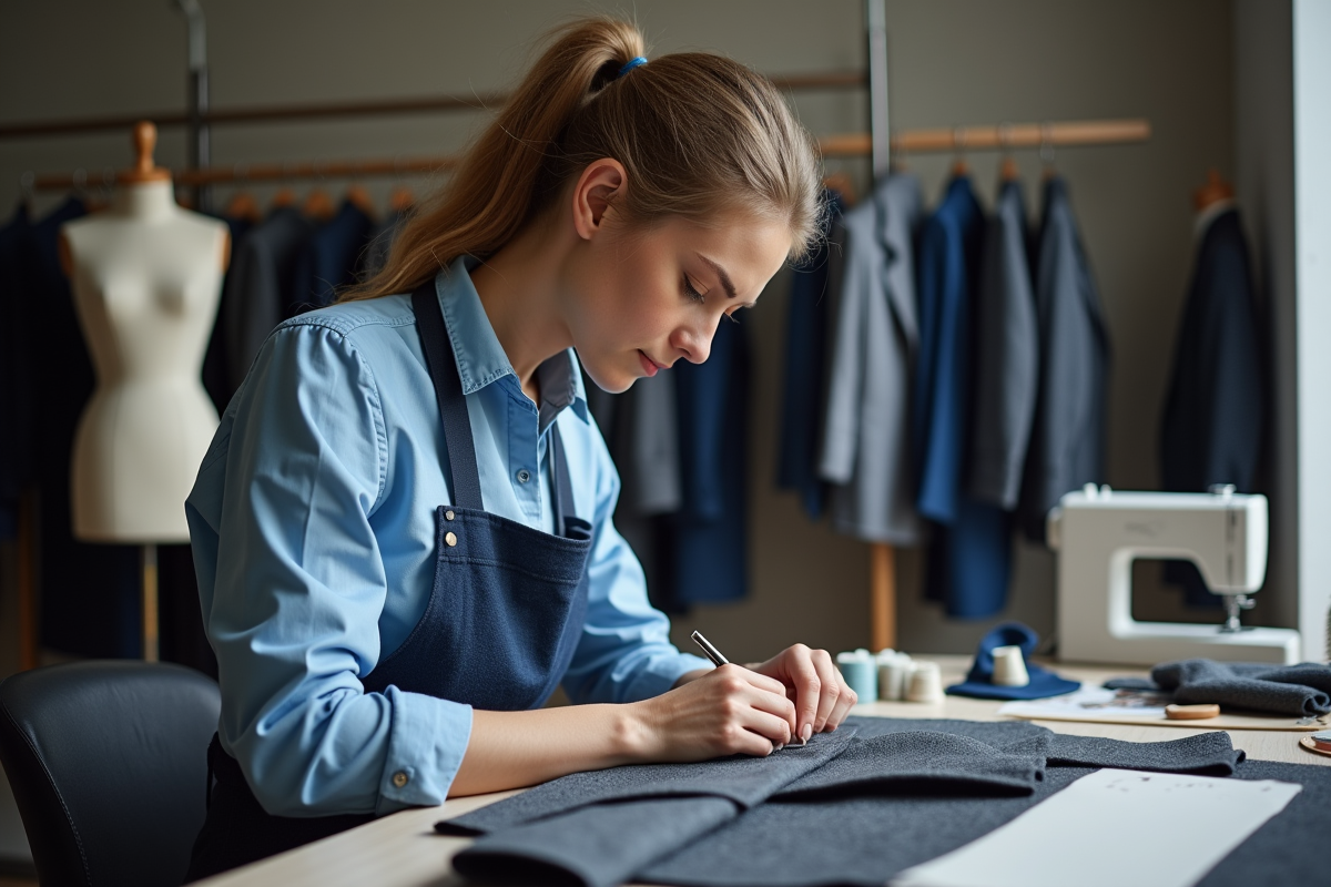 Jeune femme tailleur cousant un costume gris foncé
