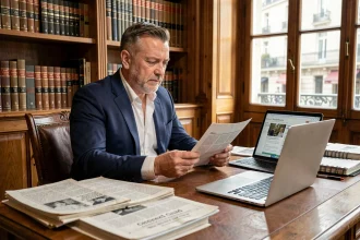 Journaliste français assis à son bureau éditorial consultant Wikipédia sur un ordinateur portable entouré de documents de presse