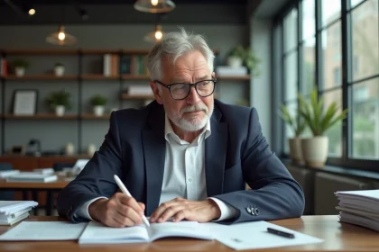 Homme d'âge moyen avec lunettes en train de lire des notes dans un bureau moderne