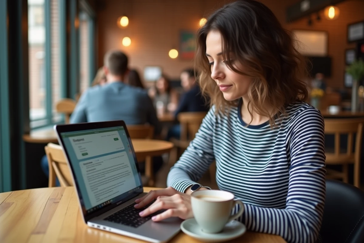 Femme lisant d'anciens topics JVC archivés sur un ordinateur dans un café urbain