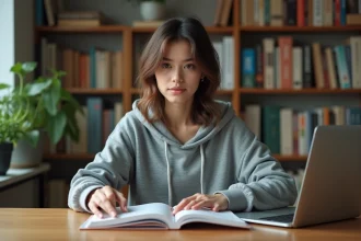 Jeune femme lisant un manga à son bureau avec des étagères de livres en arrière-plan, illustrant la lecture de manga et les droits d'auteur